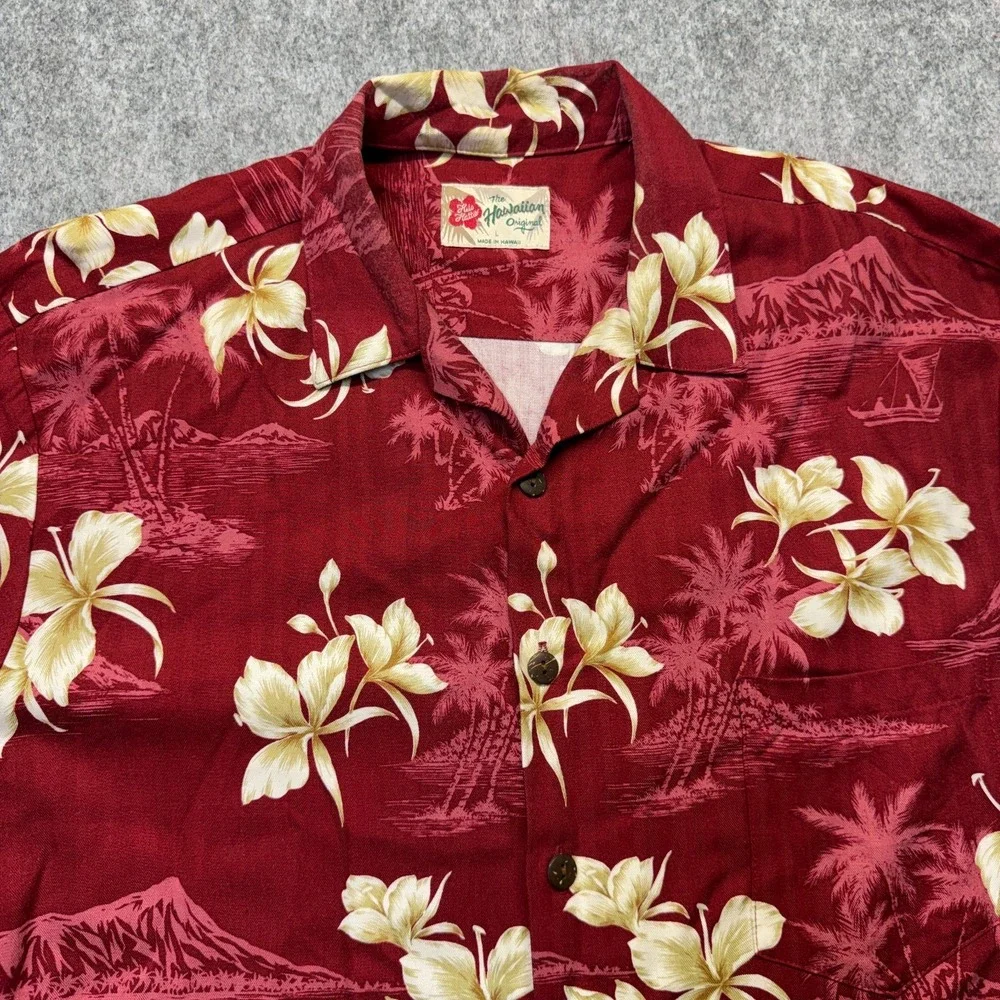 Hilo Hattie The Original Hawaiian Shirt Mens Large Red Floral Print Short Sleeve - Picture 2 of 8